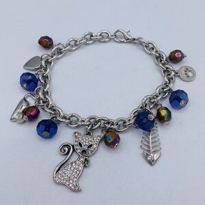 Vintage Silver Tone Faceted Purple/Gold Beads Cat And Cat Related Charm Bracelet